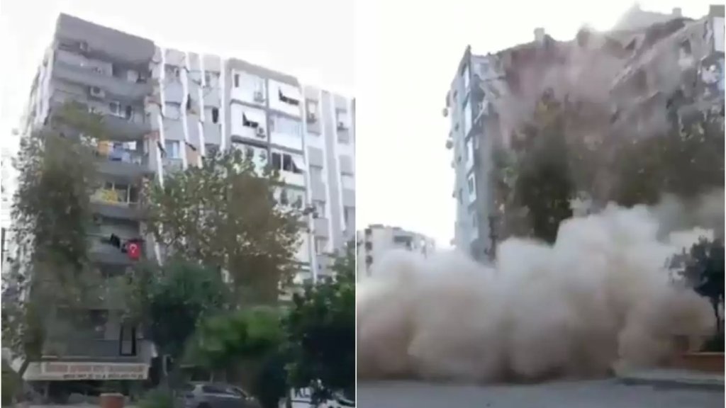بالفيديو/  لحظة إنهيار أحد المباني جراء الزلزال القوي الذي ضرب ولاية إزمير التركية