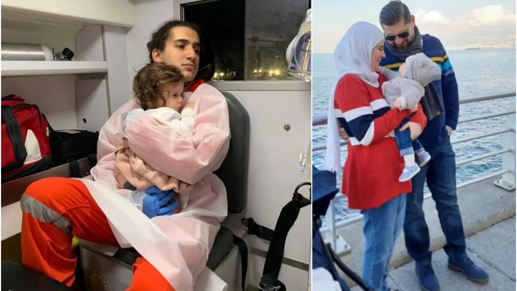 صورة توثق لحظة مؤثرة...مسعف في الصليب الأحمر يحتضن الطفلة التي فقدت والديها في حادث سير مروع على اوتستراد الأسد ونجت بعد أن حمتها والدتها بجسدها