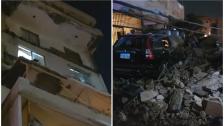 بالصور/ سقوط شرفتين من بناية عالية في صور .... اضرار كبيرة وحديث عن اشخاص تحت الردم