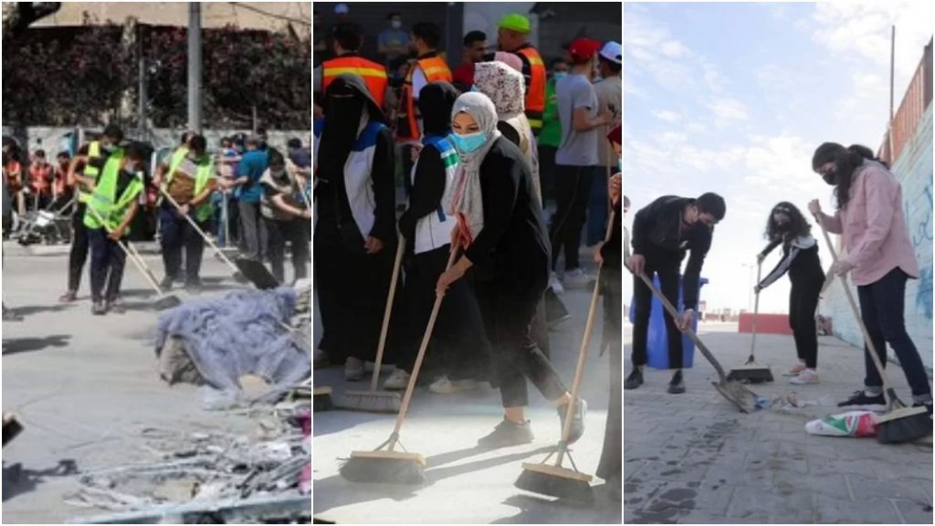 بالصور/ &quot;حنعمّرها&quot;: حاملين المكانس.. أهل غزة نزلوا إلى الشوارع لمحو آثار الدمار وإعادة الإعمار