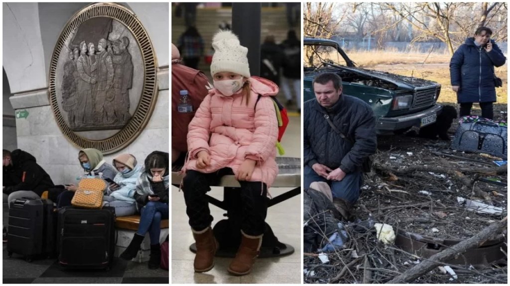 بالصور/ دمار وخوف وترقب.. مواطنون أوكرانيون في مترو الأنفاق بالعاصمة الأوكرانية ومن بين الدمار!