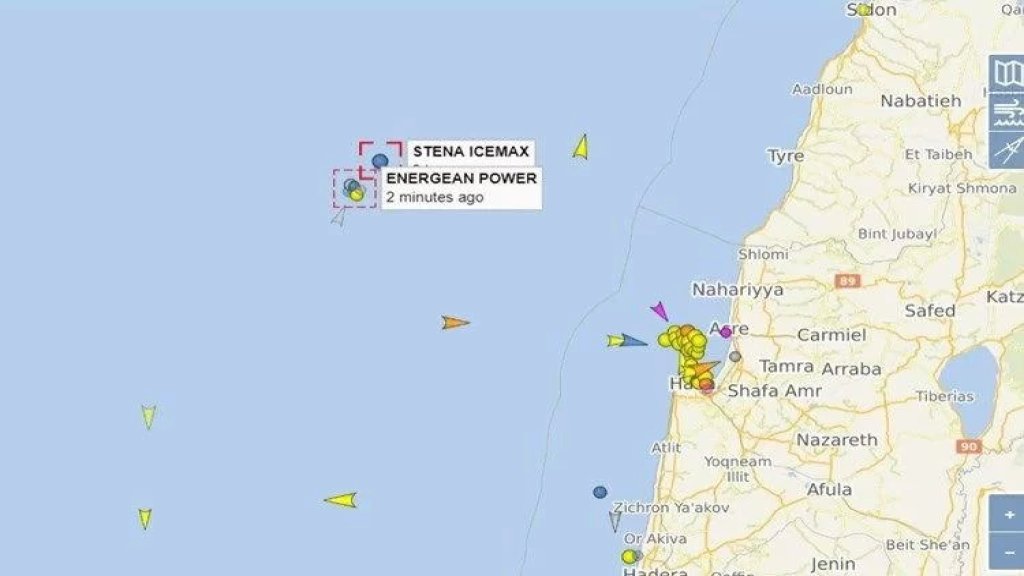 خريطة جوية تظهر موقع السفينة stena icemax التي وصلت إلى الجزء المتنازع عليه شمال الخط 29 في &quot;كاريش&quot;