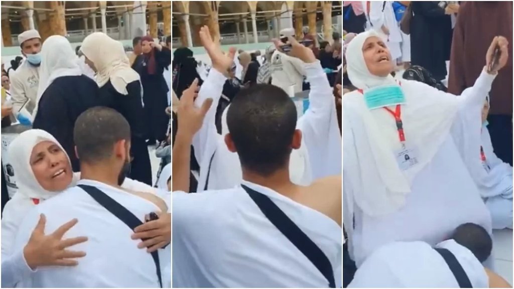 فيديو مؤثر يجتاح مواقع التواصل لأم مصريّة وهي تدعو بخشوع لإبنها أمام الكعبة المشرّفة والأخير ينحني ويقبّل قدميها