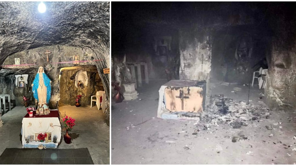 مجهولون يحطمون أيقونات داخل مزار "مغارة الزنكلية" الديني في بلدة القرية ويحرقون المذبح وتمثال السيدة العذراء!