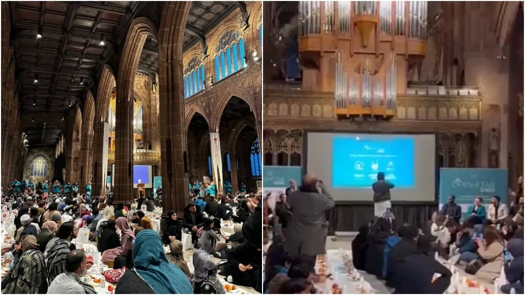 بالفيديو/ الأذان يصدح لأول مرة داخل كاتدرائية مانشستر العريقة البريطانية أثناء إفطار جماعي