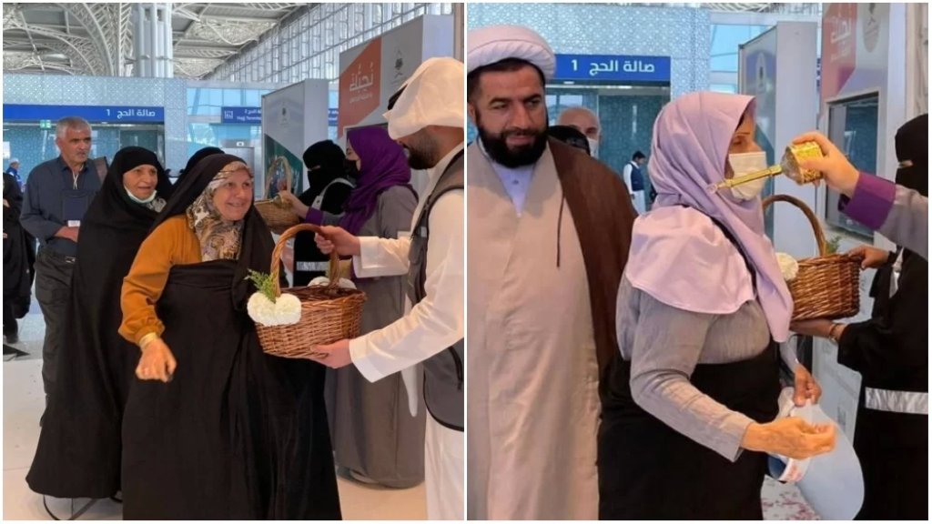بالصور/ السعودية تستقبل رحلة حجاج إيران بالهدايا والحلوى والورود 
