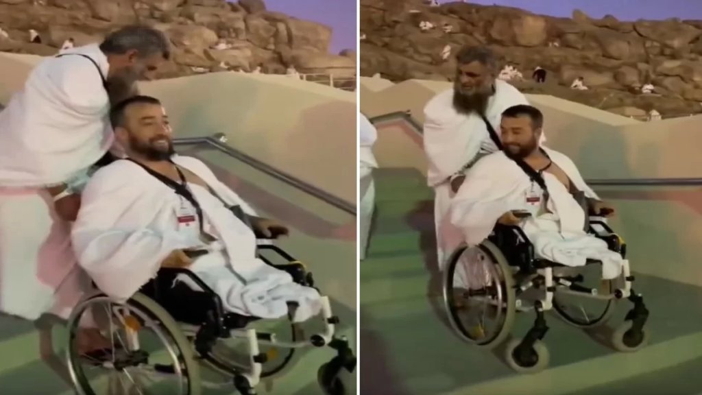 بالفيديو/ حاج بساق واحدة يساعد آخر على كرسي متحرك للصعود إلى جبل عرفات
