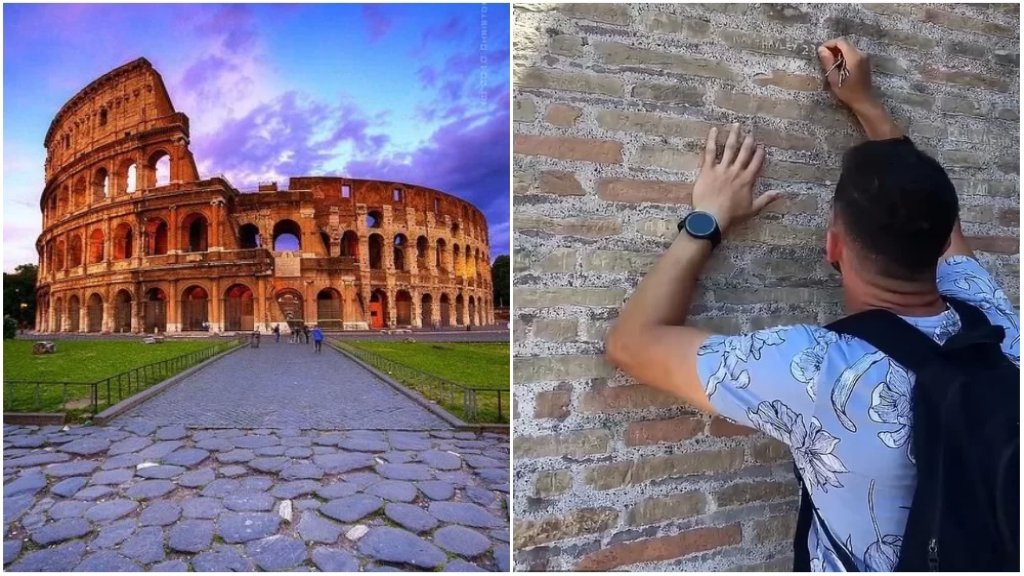 بالفيديو/ عاشق يتسبب بغضب عارم في إيطاليا.. حفر اسمه واسم صديقته على مدرج الكولوسيوم الذي يبلغ عمره أكثر من 2000 عام!