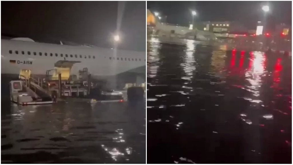 بالفيديو/ فوضى في مطار فرانكفورت وإلغاء أكثر من 100 رحلة بعد غرق المطار بمياه الأمطار!