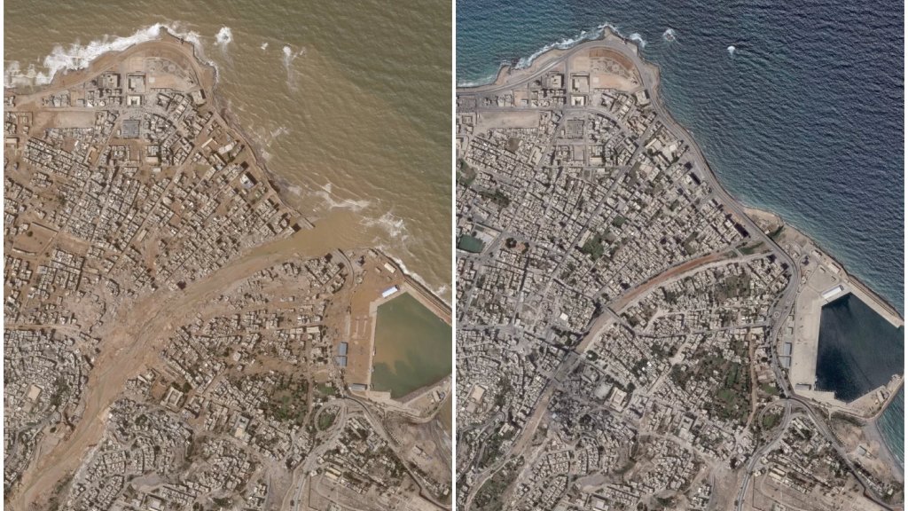 صور فضائية صادمة لمدينة درنة الليبية قبل وبعد الكارثة.. هذا ما ابتلعته المياه!