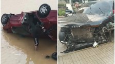بالفيديو/ حادث سير مروع بين سيارتين على أوتستراد الرئيس لحود وسقوط إحداها في مجرى نهر بيروت!